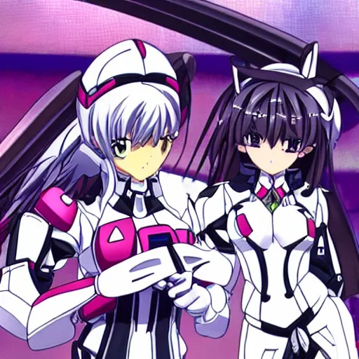 Prompt: muv luv pilot in tight uniforms alongside a gundam