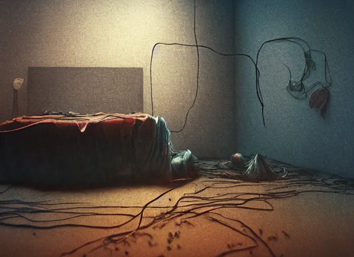 Image similar to rgb, sadness, bedroom full of water, sadness, cinematic, movie scene, inspired by zdzislaw beksinski, clothes made out of veins,, cables everywhere, bedroom, ultra realistic, concept art, intricate details, highly detailed, photorealistic, octane render, 8 k