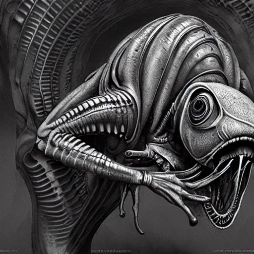 Prompt: xenomorph alien frog, eating a mosquito, alien by artist giger, bones background, concept art for movie, black and white colors, extreme detail, 4 k, detailed concept art, realistic lighting, sharp focus, backlit