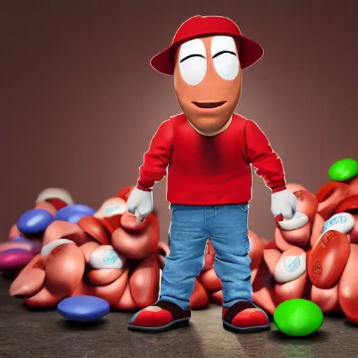 Image similar to eminem as the red m character standing on a floor coverd with m & m candies, round red m & m figure, m & m mascot, m & m figure, m & m plush, m & m candy dispenser, unreal engine, studio lighting, figurine, unreal engine, volumetric lighting, artstation, cosplay, by hans bellmer