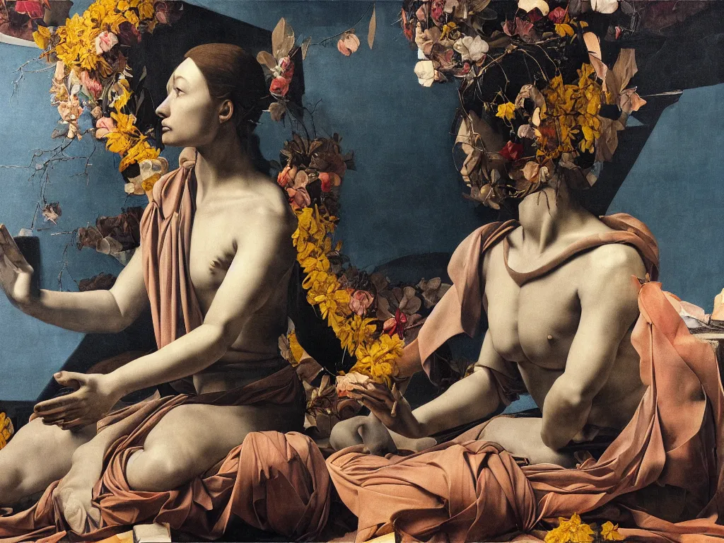 Image similar to hyperrealistic still life painting of a 3d statue sitting down cross legged goddess meditating, wrapped in fabric and gently smiling, surrounded by prisms in a tesseract, by Caravaggio, botanical print, surrealism, vivid colors, serene, golden ratio, minimalism, negative space