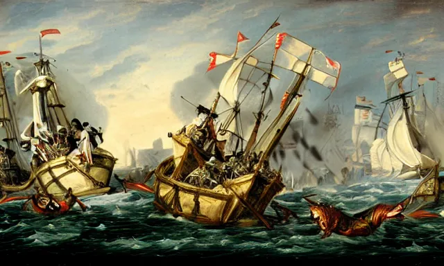 Prompt: dragons fighting at the Battle of Trafalgar