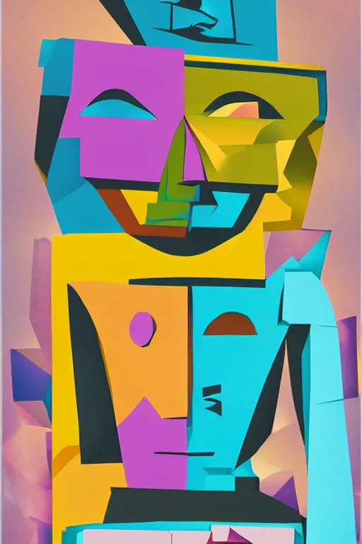 Image similar to cubist moai statue cutout digital illustration cartoon colorful beeple