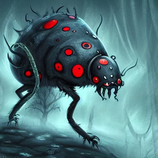Prompt: ladybug as a monster, fantasy art style, scary atmosphere, nightmare - like dream