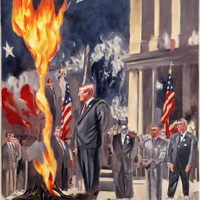 Prompt: United States President viewing the Capital Burn, 1958, Oil on Canvas, Antiwar, full body, dramatic, digital art