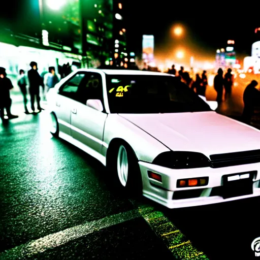 Image similar to a car JZX100 at illegal car meet, Shibuya prefecture, city midnight mist, cinematic color, photorealistic, highly detailed, 200MM