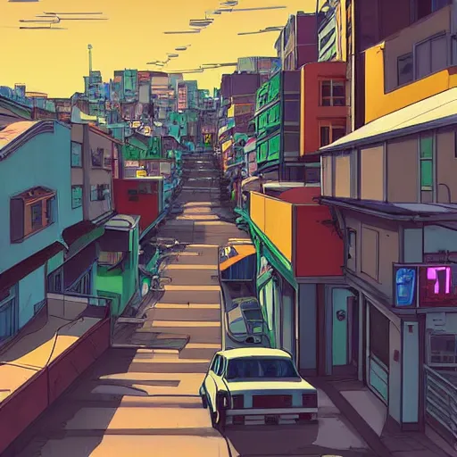 Image similar to city street, sloped street, city on mountainside, street scene, colorful buildings, cel - shading, 2 0 0 1 anime, flcl, jet set radio future, golden hour, japanese town, concentrated buildings, japanese neighborhood, construction site, cel - shaded, strong shadows, vivid hues, y 2 k aesthetic