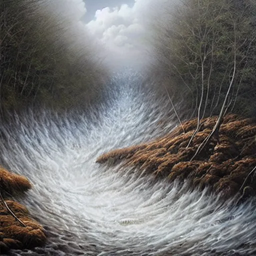 Image similar to artist joel rea a detailed hyper realistic painting of a flood running through the natural wilderness,