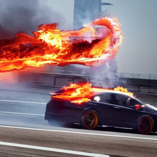 Prompt: professional photograph of donald!! trump!! on the highway firebending cars, dramatization