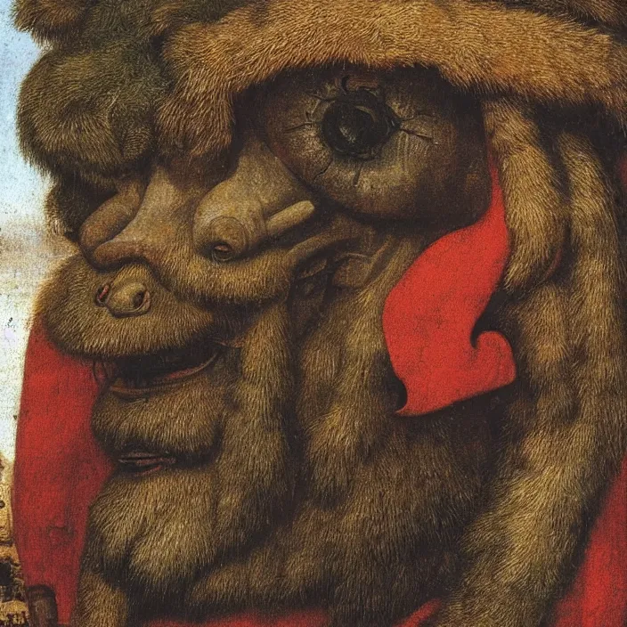 Image similar to close up portrait of an overdressed mutant monster creature with snout, horns, insect wings, unibrow, piercing eyes, toxic smile. jan van eyck, bosch