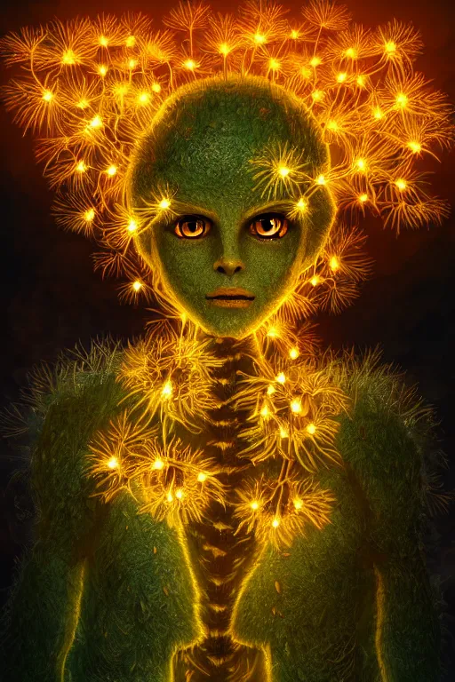 Image similar to a humanoid figure glowing dandelion plant monster, amber eyes, highly detailed, digital art, sharp focus, ambient lighting, autumn colours, trending on art station, anime art style