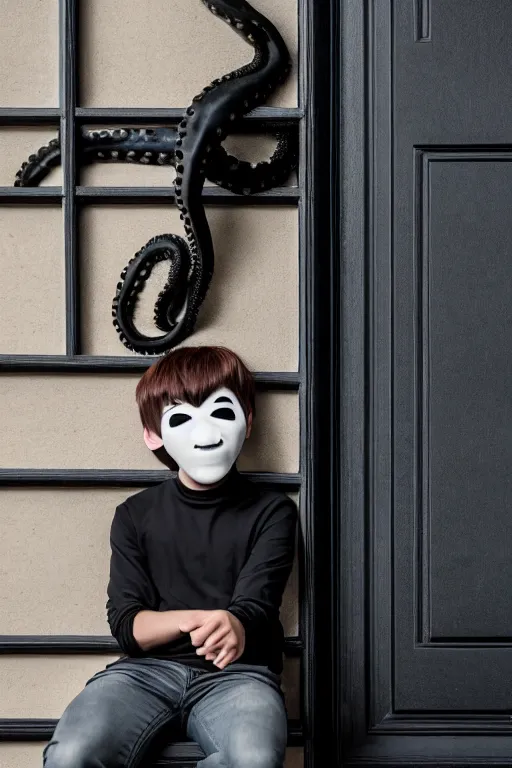 Prompt: boy with tomodachi mask sittin alone near black door. octopus, photorealistic, smooth, 4 k, aesthetic lighting, baroque object, hyperdetailed, professional photography, pullitzer winning, photo by : canon eos 5 d mark iv, by karah mew and adnan abidi