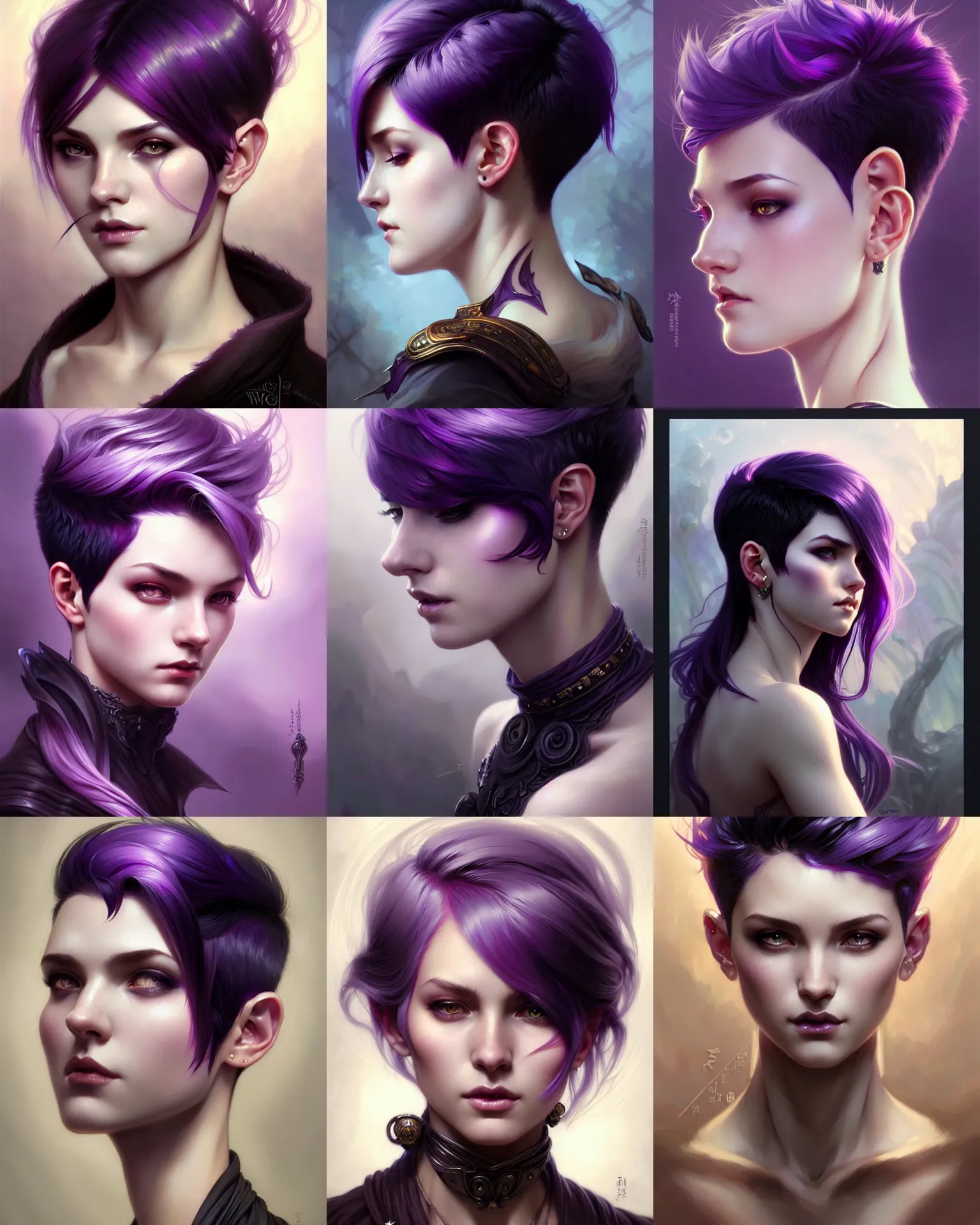 Image similar to fantasy portrait, pixie undercut hairstyle, black to purple fade hair color, intricate, elegant, sharp focus, illustration, highly detailed, digital painting, concept art, matte, art by WLOP and Artgerm and Greg Rutkowski and Alphonse Mucha, masterpiece