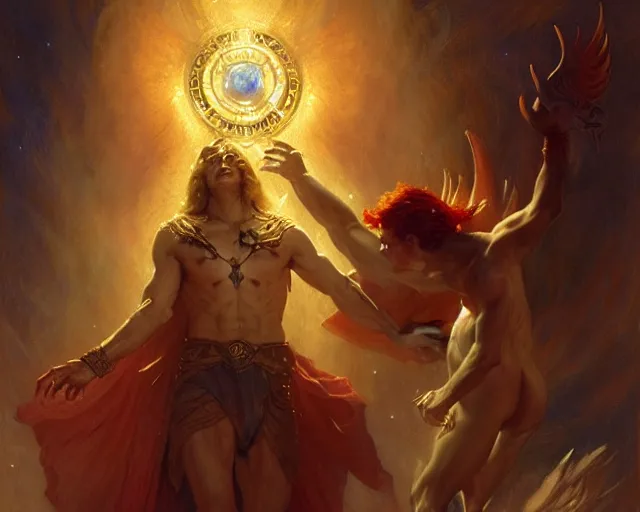 Image similar to attractive male deity, casting demonic magic, summoning handsome lucifer morning star. highly detailed painting by gaston bussiere, craig mullins, j. c. leyendecker 8 k