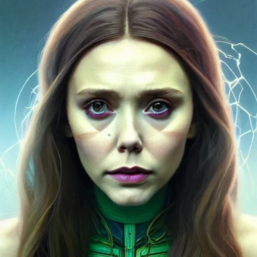 Image similar to portrait painting of elizabeth olsen wanda maximoff with green skin and pointy ears wearing sci - fi clothes, ultra realistic, concept art, intricate details, eerie, highly detailed, photorealistic, octane render, 8 k, unreal engine. art by artgerm and greg rutkowski and charlie bowater and magali villeneuve and alphonse mucha