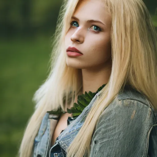 Image similar to a beautiful blond girl made from plants, full body shot, symmetrical face, pretty face, 8 k, shallow depth of field, moody lighting, cinematic lighting,