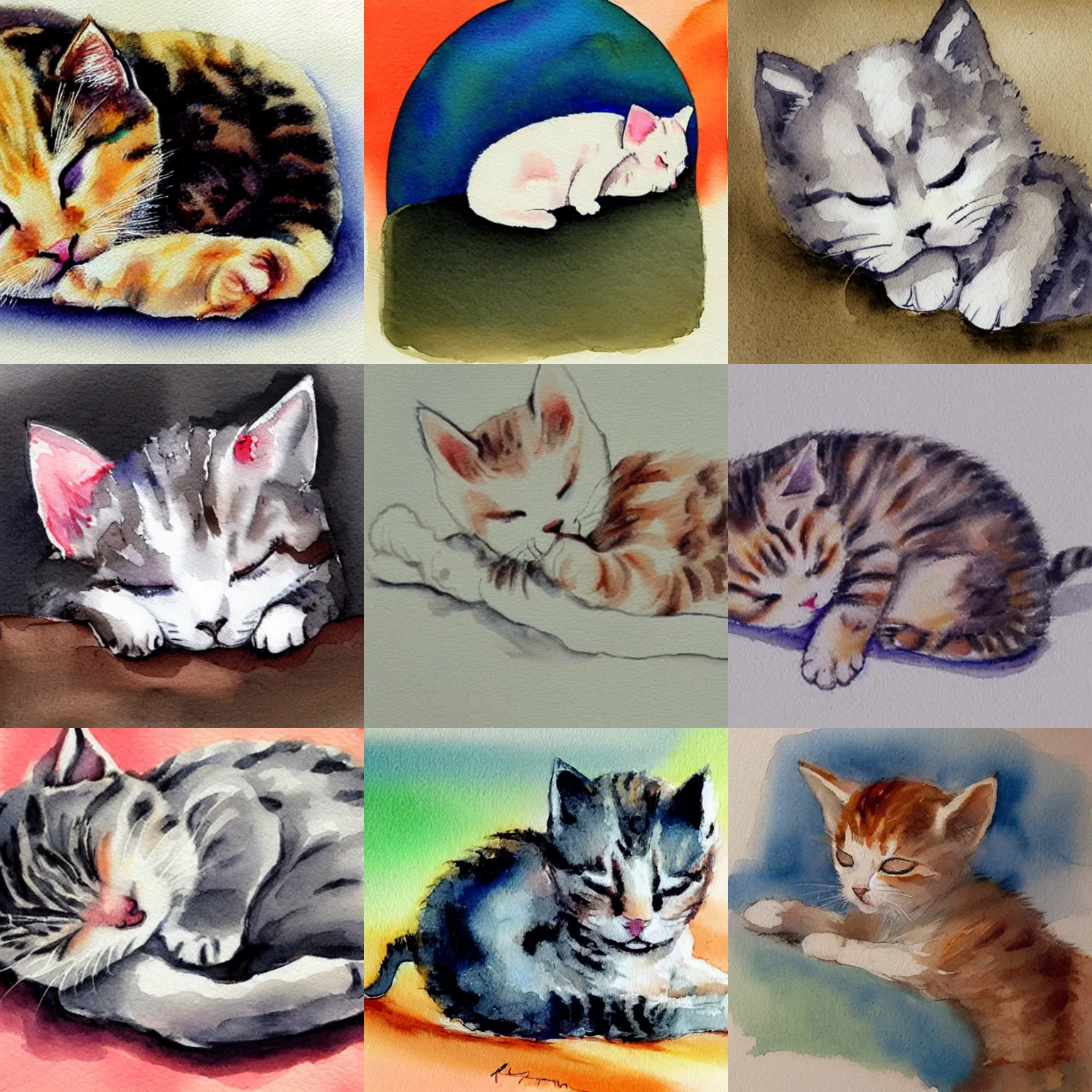 Prompt: simplistic painting of kitten sleeping, watercolor, cute