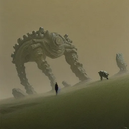 Image similar to snail boss in style of shadow of the colossus by zdzisław beksiński