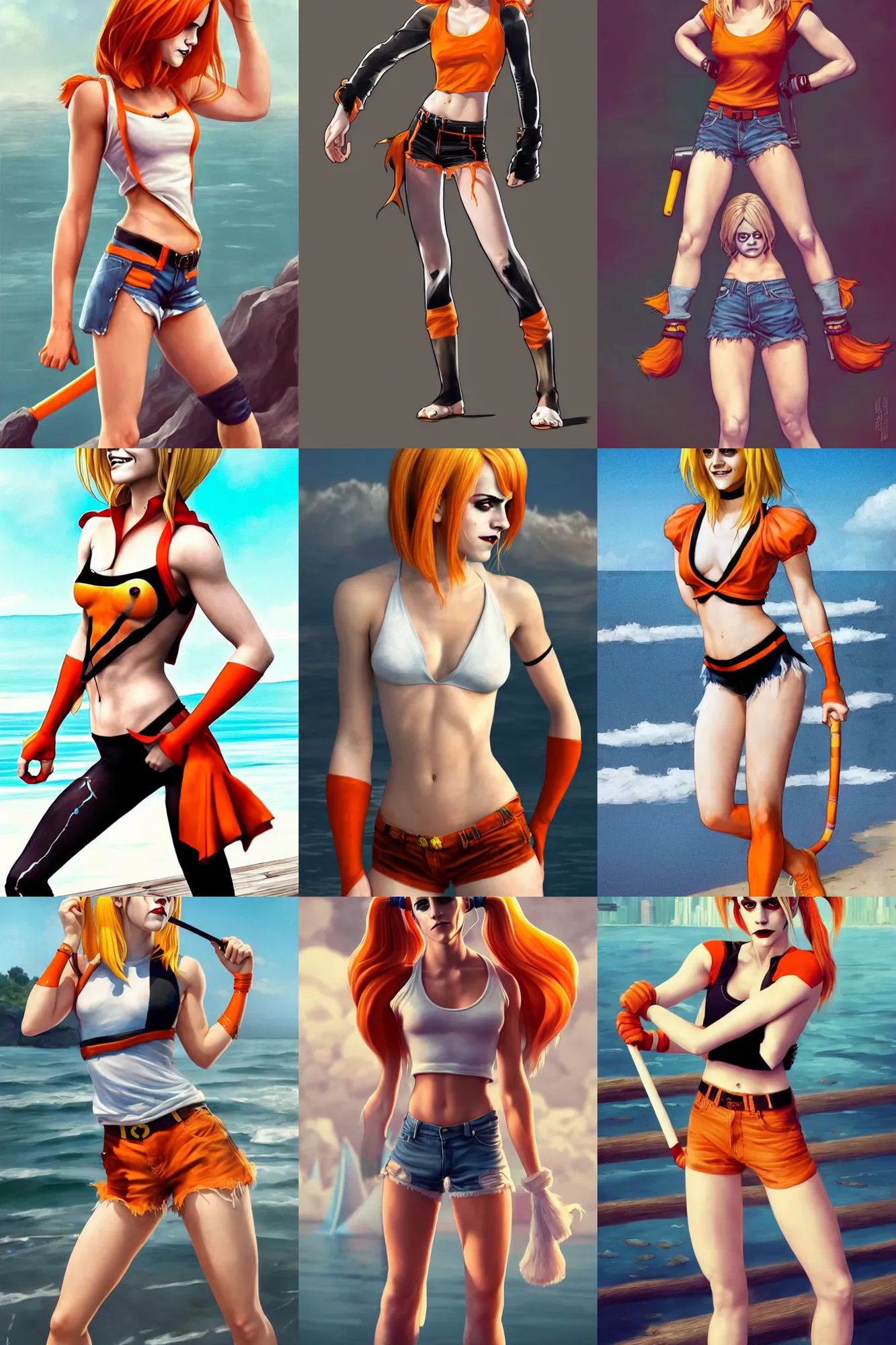 Prompt: a gorgeous hulking Emma Watson as Harley Quinn with very long hip-length blonde hair, wearing a cut-off white top and orange cut-off shorts standing by the water, in the style of artgerm and moebius and annie liebovitz, marvel comics, hyper photorealistic body proportions, highly detailed, trending on artstation