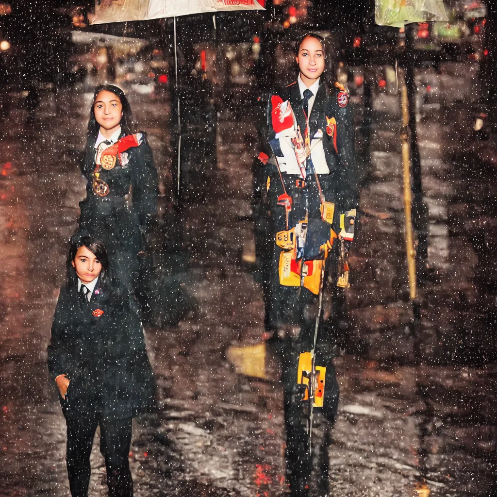 Image similar to night flash portrait photography of a high school girl in uniform on the lower east side by annie leibovitz, colorful, nighttime!, raining!