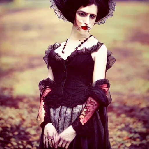 Prompt: A beautiful portrait of a lady vampire, victorian, photography, 35mm, depth of field, bokeh, soft light, cinematic, steve mccurry