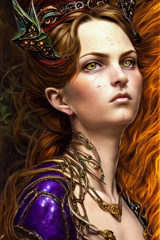 Prompt: high quality extremely detailed closeup portrait of a young gorgeous female warlock looking away from the camera, green eyes, sparkle in eyes, no hands visible, fantasy, d & d, intricate, painting by lucian freud and mark brooks, hd