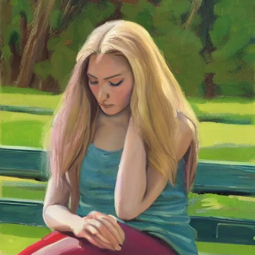 Image similar to a painting of a young woman with long blond hair sitting on a green bench with her head in her hands, steve henderson