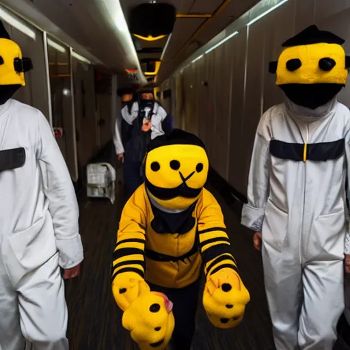 Prompt: several men with bee costumes in the corridor of a capsule hotel