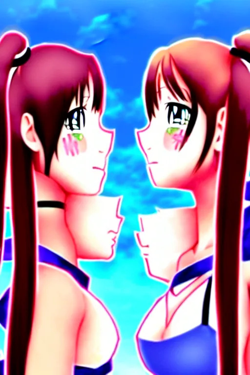 Image similar to two beautiful female fighters with pigtails facing each other, detailed anime art