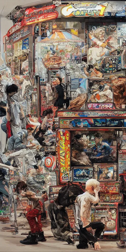 Image similar to oil painting scene from amusement arcade by kim jung gi