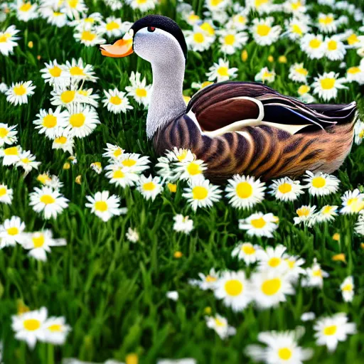 Prompt: a duck in a field of daisies on a bright sunny day, duck surrounded by daisies, with clouds in the sky, lots of little daisies in the field, spring, nature, beautiful, disney pixar style, super resolution, extremely detailed, 4k