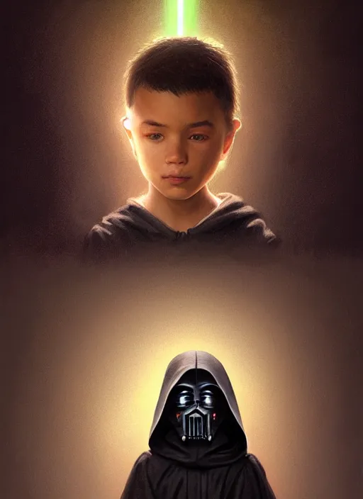 Image similar to perfectly - centered - portrait of a kid wearing black cloak holding light saber, intricate, highly detailed, digital painting, artstation, concept art, smooth, sharp focus, illustration, unreal engine 5, 8 k, art by artgerm and greg rutkowski and alphonse mucha and sam spratt