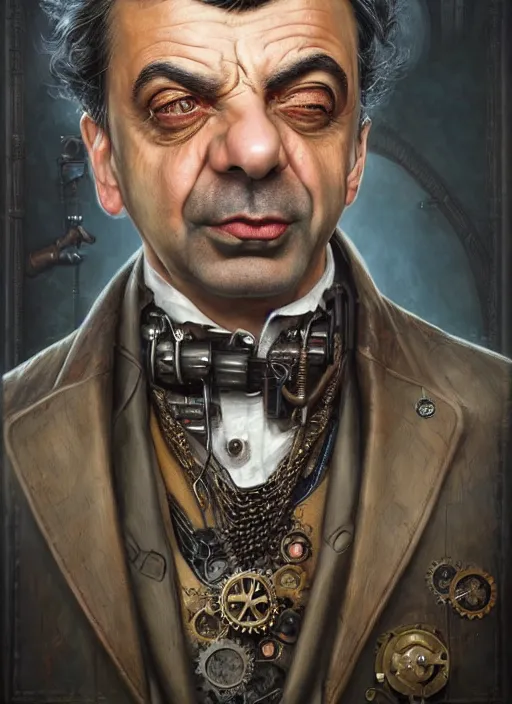 Prompt: steampunk portrait of rowan sebastian atkinson, by tomasz alen kopera and peter mohrbacher