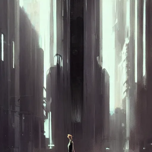 Image similar to concept art by greg rutkowski, a very tall and slender woman with blond hair, talking to a very tall and slender man with short black hair, brutalist futuristic interior, dark lighting atmosphere, detailed portraits, nostalgic atmosphere, scifi, digital painting, artstation, concept art, smooth, sharp foccus ilustration, artstation hq