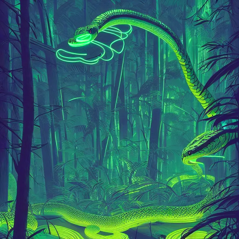 Image similar to illustration of a futuristic giant snake in a neon forest, highly detailed, by James Gilleard and Bruce Pennington