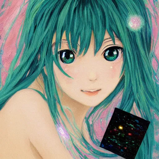 Prompt: A delicate, soft and highly detailed painting of Hatsune Miku with sparkly googly anime eyes, chiaroscuro, masterpiece painted by Claude Monet, post-impressionism, thick impasto technique, paint-on-glass painting, pastel oil inks, very ethereal, vantablack chiaroscuro, paint-on-glass painting, oil inks, very ethereal, silver light, nacre colors