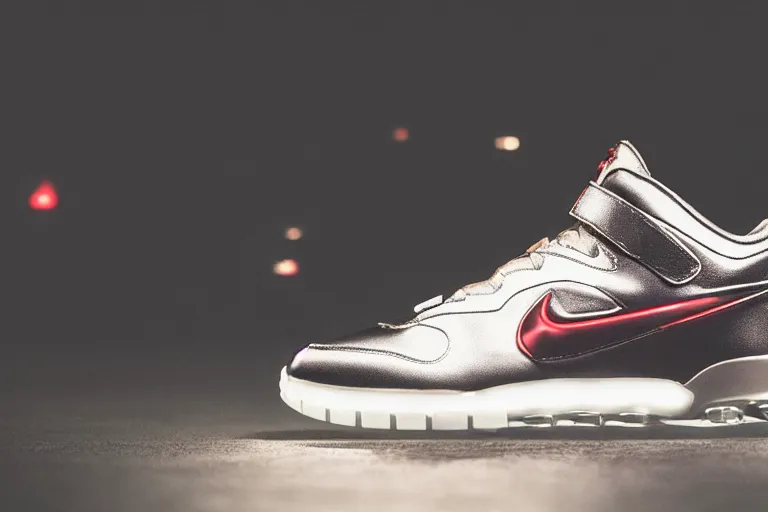 Image similar to mid product still of The New metallic Ironman Nike sneakers with glowing arc reactor swoosh, 4k