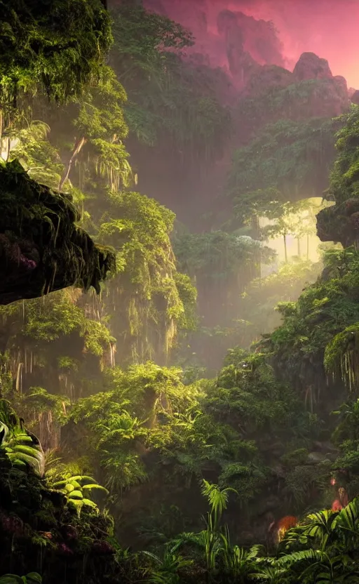 Prompt: a beautiful render of a dark prehistoric rainforest in a humongous cave, lush flora, patches of magenta sky,, sunset, floating mountains and a waterfall in the background, intricate detail, hazy, humid, volumetric lighting, 8 k, photorealistic, raytracing effects, unreal engine 5