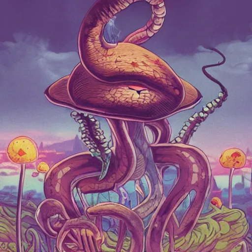 Image similar to A centered chest up portrait of a psychedelic demonic anthropomorphic snake smoking a hand-rolled cigarette smoking heavily , magic mushroom village in background , award winning. superb resolution. in the art style of junji Ito and greg rutkowski . Detailed Mushroom city in background. Hyper realistic anime. Perfect art. Dalle2