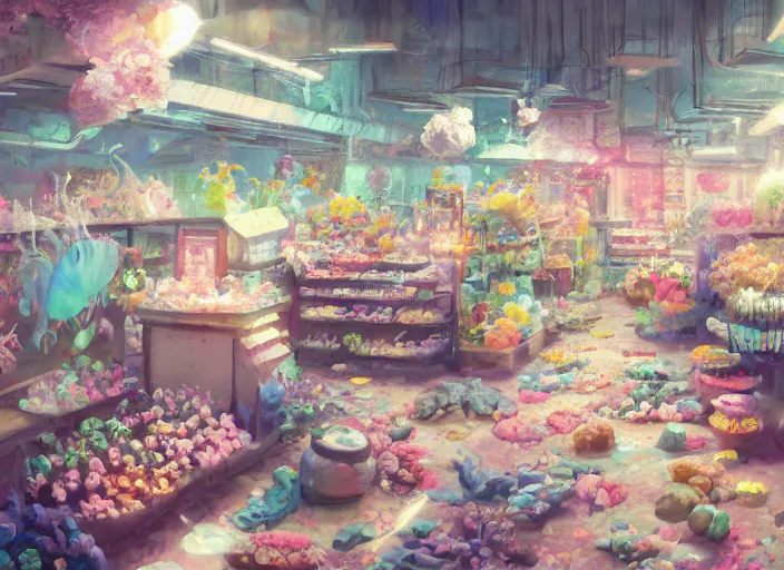 Prompt: bright cheery placid pastel deep cozy moody cluttered painterly fluffy tiny cramped live pet store, aisles of aquariums, slanted ceiling, tiny space, particulate, trending on pixiv