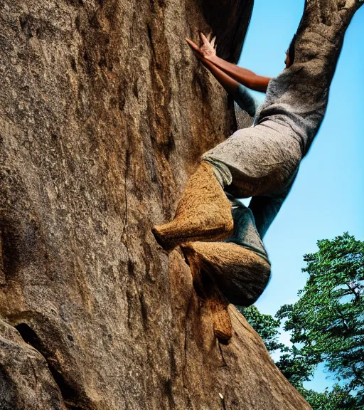 Image similar to an anthropomorphic tree giving a thumbs up while bouldering, sports photography.