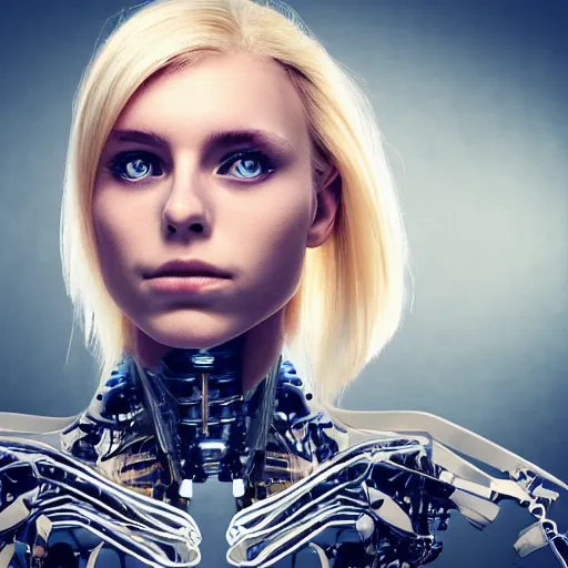 Image similar to a beautiful blond girl with human face and cybernetic body, standing on top of a pile of sculls, pretty face, perfect face, fine details, 8 k, shallow depth of field, moody lighting, cinematic lighting,