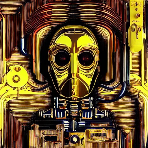 Image similar to a hyperrealistic art nouveau portrait of c 3 po with make noise eurorack module aesthetics