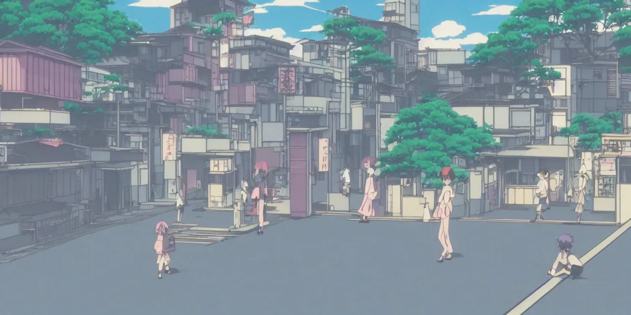 Prompt: A cute aesthetic still frame from an 80's or 90's anime, minimal street in Japan with a waterfall