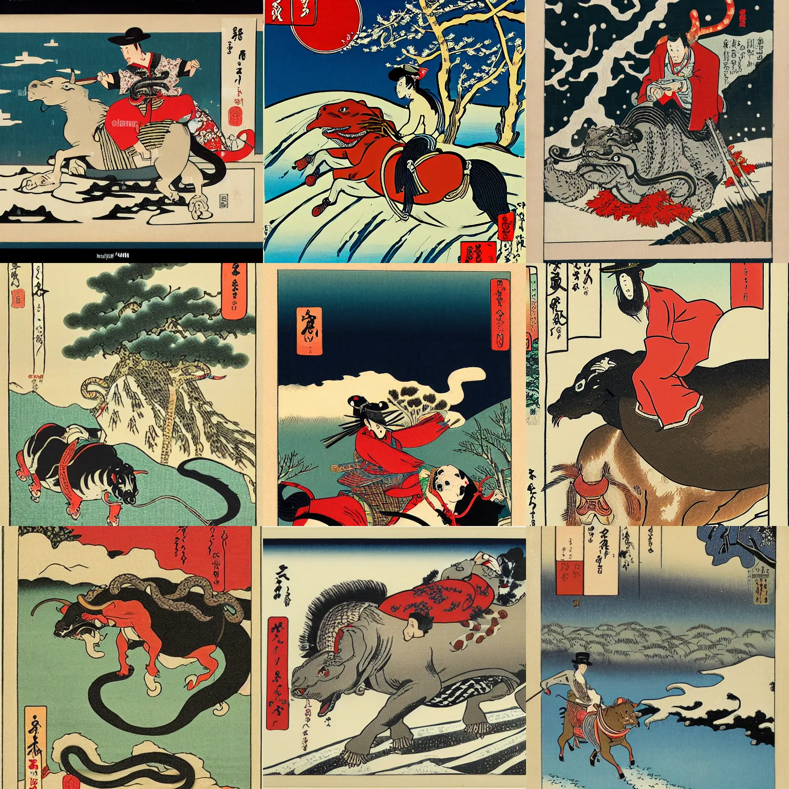 Image similar to Ukiyoe of a snake oil salesman riding a bull through a snowy forest in wild west formosa