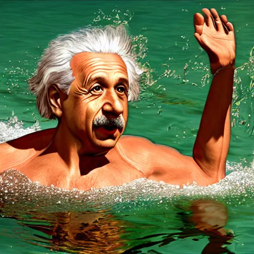 Prompt: photo realistic, sharp, albert einstein swimming the butterfly, fast shutter speed