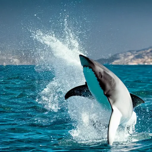 Image similar to action photo of ai - shark jumping from surface of the sea, from nature journal, 1 / 1 0 0 0 sec shutter, action photo