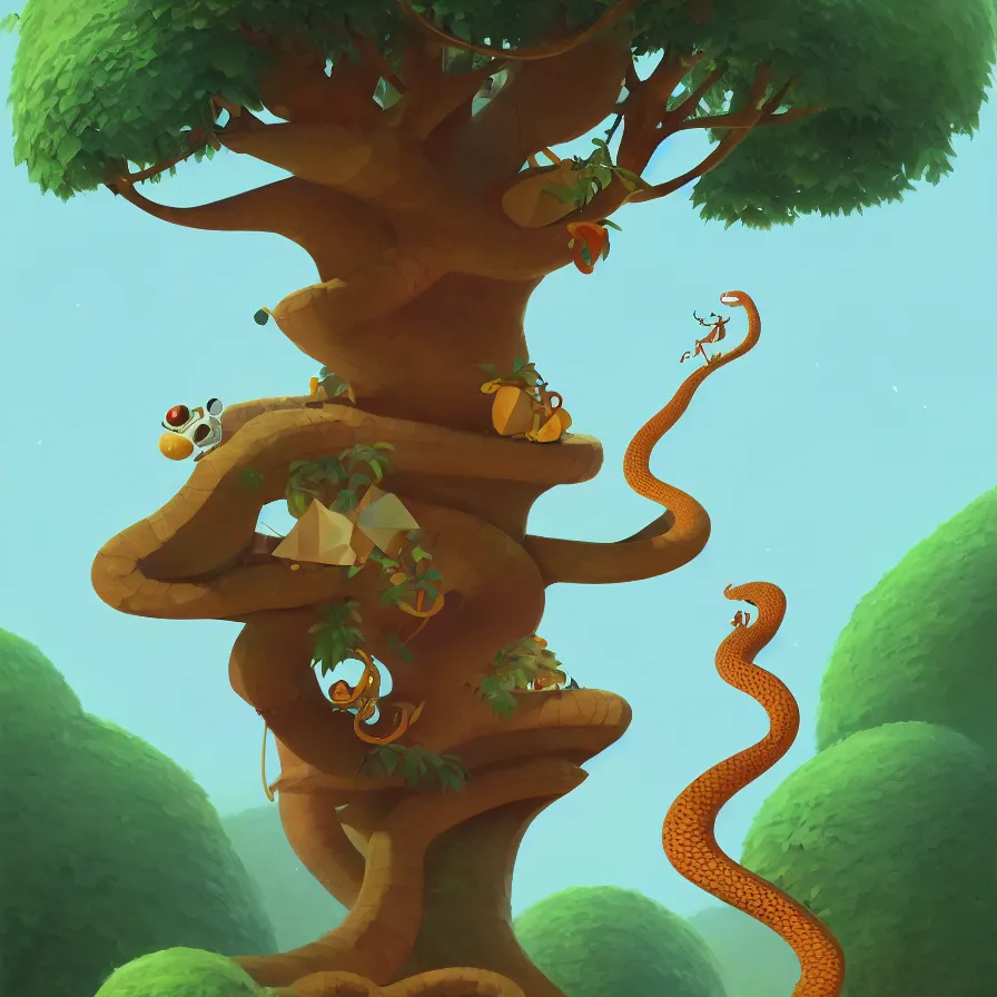 Image similar to Goro Fujita illustrating a snake with geometric figures climbing a large tree in a jungle, art by Goro Fujita, sharp focus, highly detailed, ArtStation