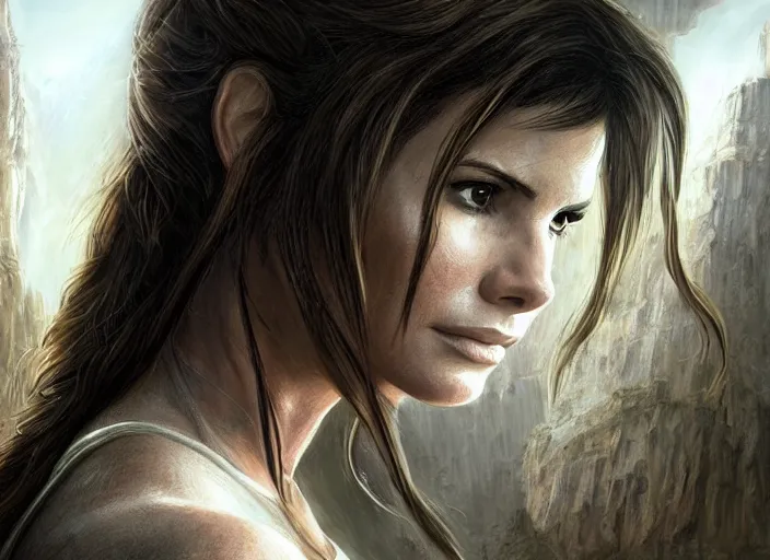 Image similar to face portrait of concentrated young Sandra Bullock as Lara Croft entering the large Minas Tirith gate, sun beams, intricate, elegant, highly detailed, centered, digital painting, artstation, concept art, smooth, sharp focus, illustration, Allan Lee, John Howe