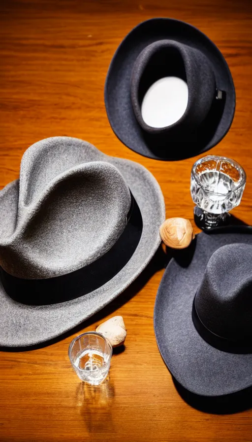 Prompt: a gray fedora sits on a dark wood bar near a window, streetlight beams through the window, a smoky haze in the air, next to the hat is a cut crystal rocks glass with some bourbon in it, next to it is a toy ray gun, film noir lighting, 8K